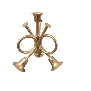 BRASS TRIPLE HORN CANDLESTICK HOLDER with Patina